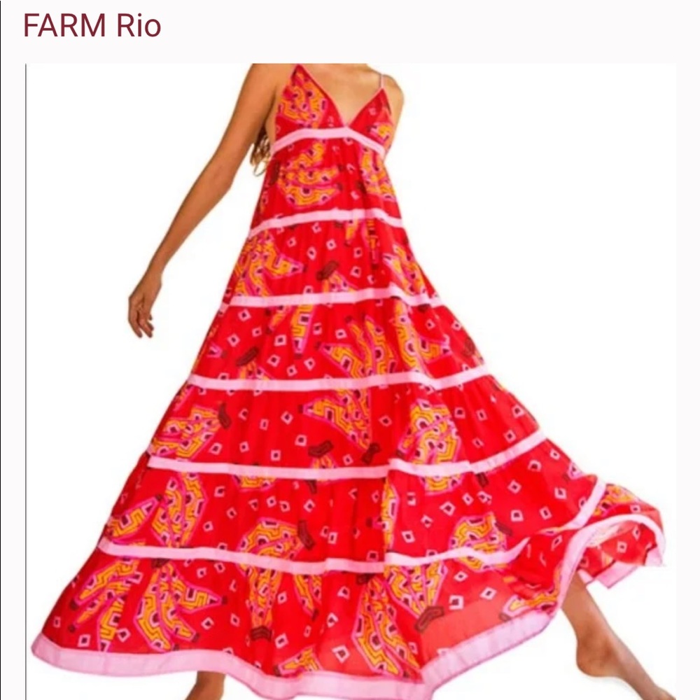 Anthropologie Farm Rio Red Tiki Bananas Maxi Tiered Dress. NWT